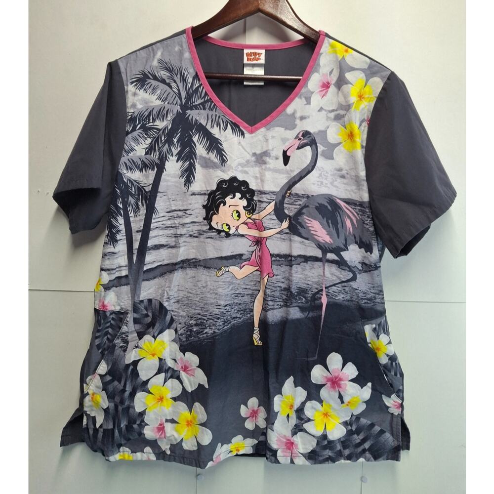 Betty Boop Scrub Top Womens Large V Neck Flamingo Print Short Sleeve Pin-Up